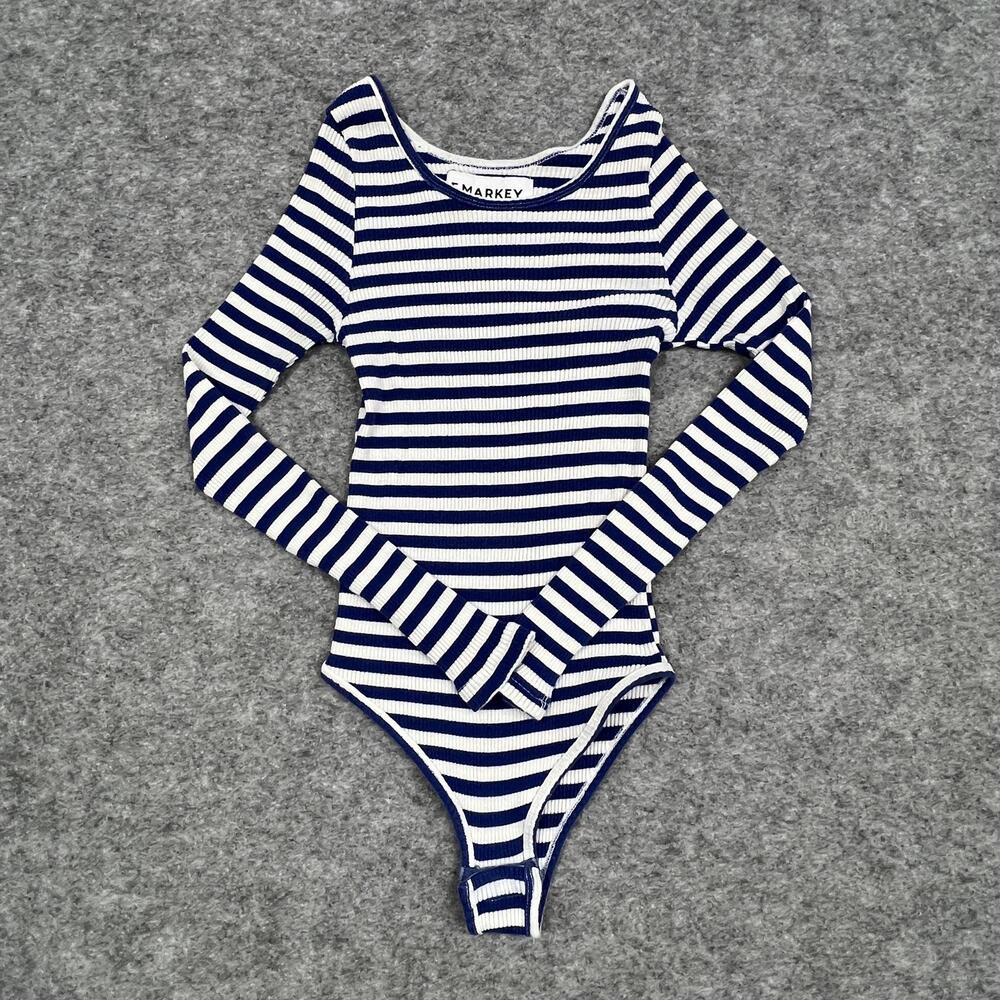 L.F.MARKEY Bodysuit Womens 4 Blue Striped Long Sleeve Scoop Neck Ribbed Casual
